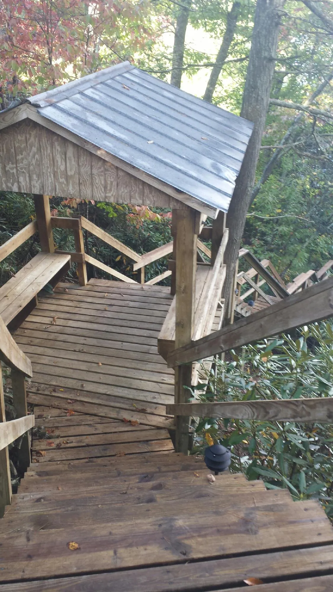 Metal roofed shelter over wooden steps on a wooded walkway — Skylight Repair & Installation work by our crew in Markleville